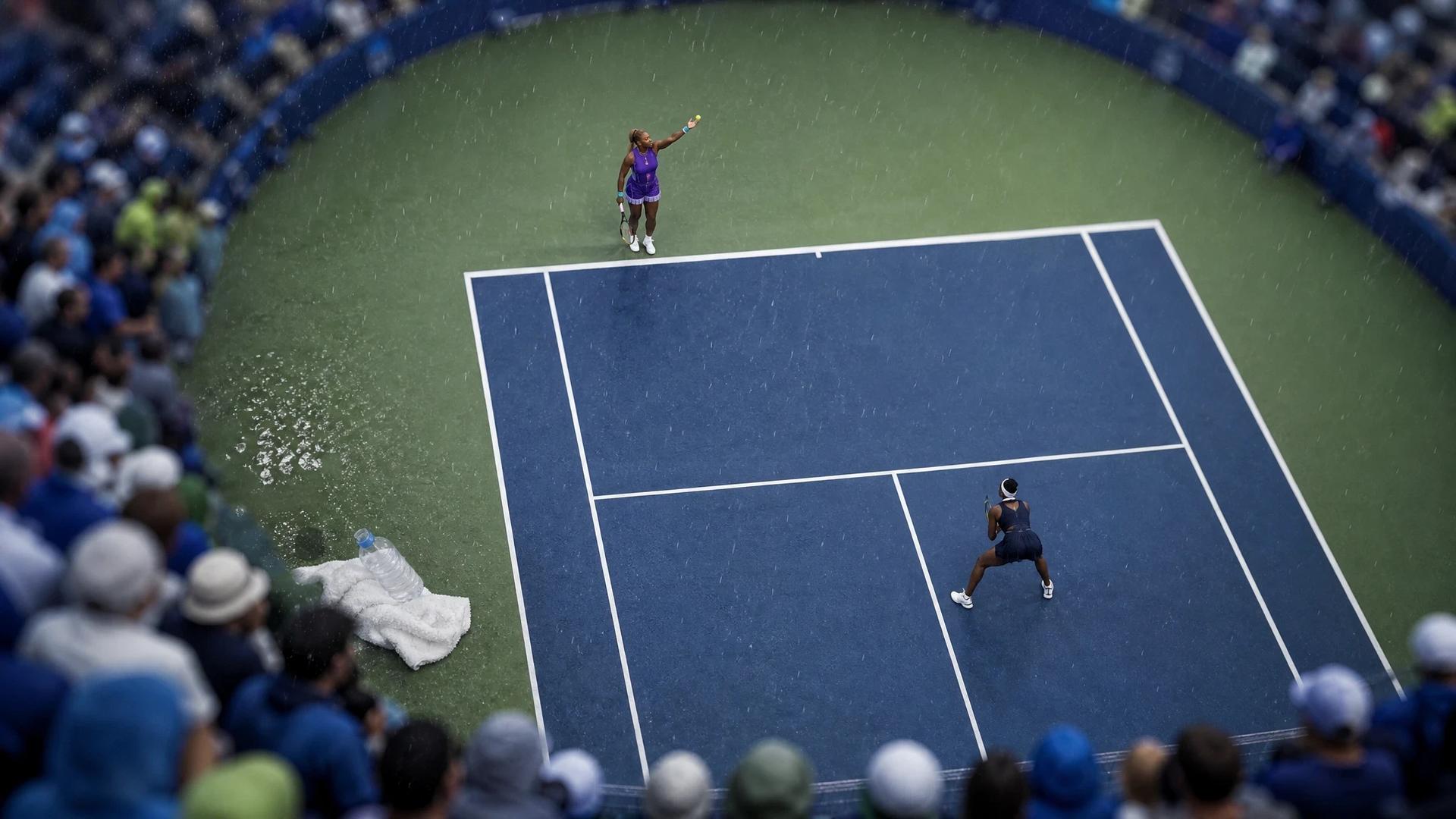 An overhead shot of a tense moment during a doubles tennis match at the Cincinnati Open featuring Serena and Venus Williams.