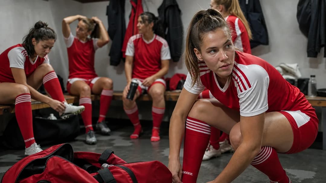 Female football players in a locker room preparing for a match.