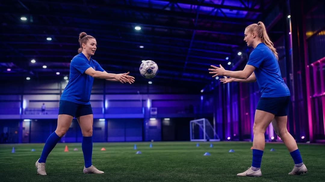 Two female football players interacting during a training session in a brightly lit indoor facility.