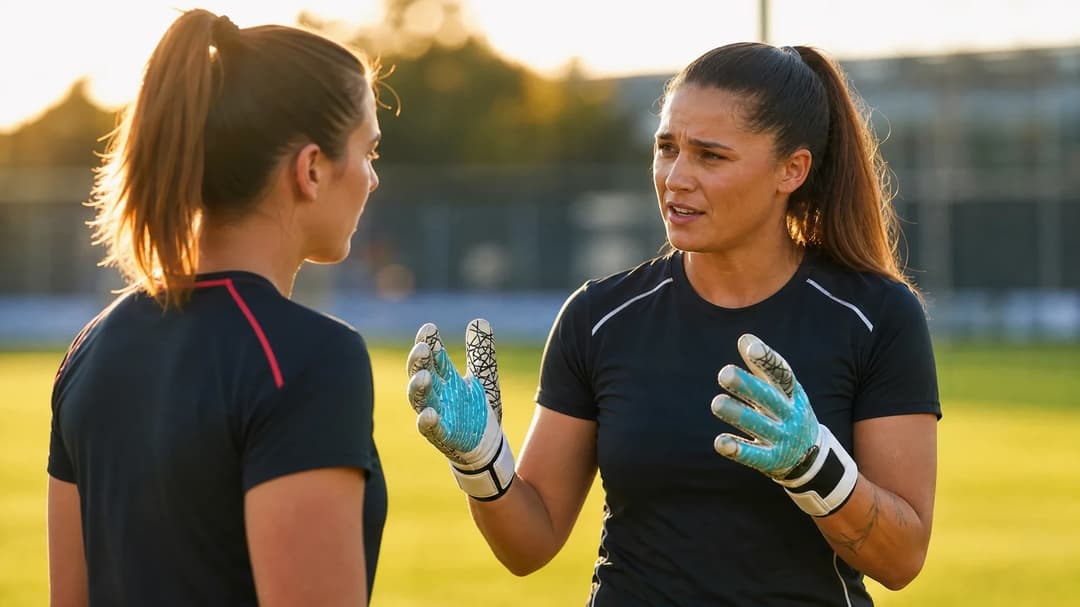 Goalkeeper Safia Middleton-Patel interacts with a teammate on the Watford training pitch during golden hour.