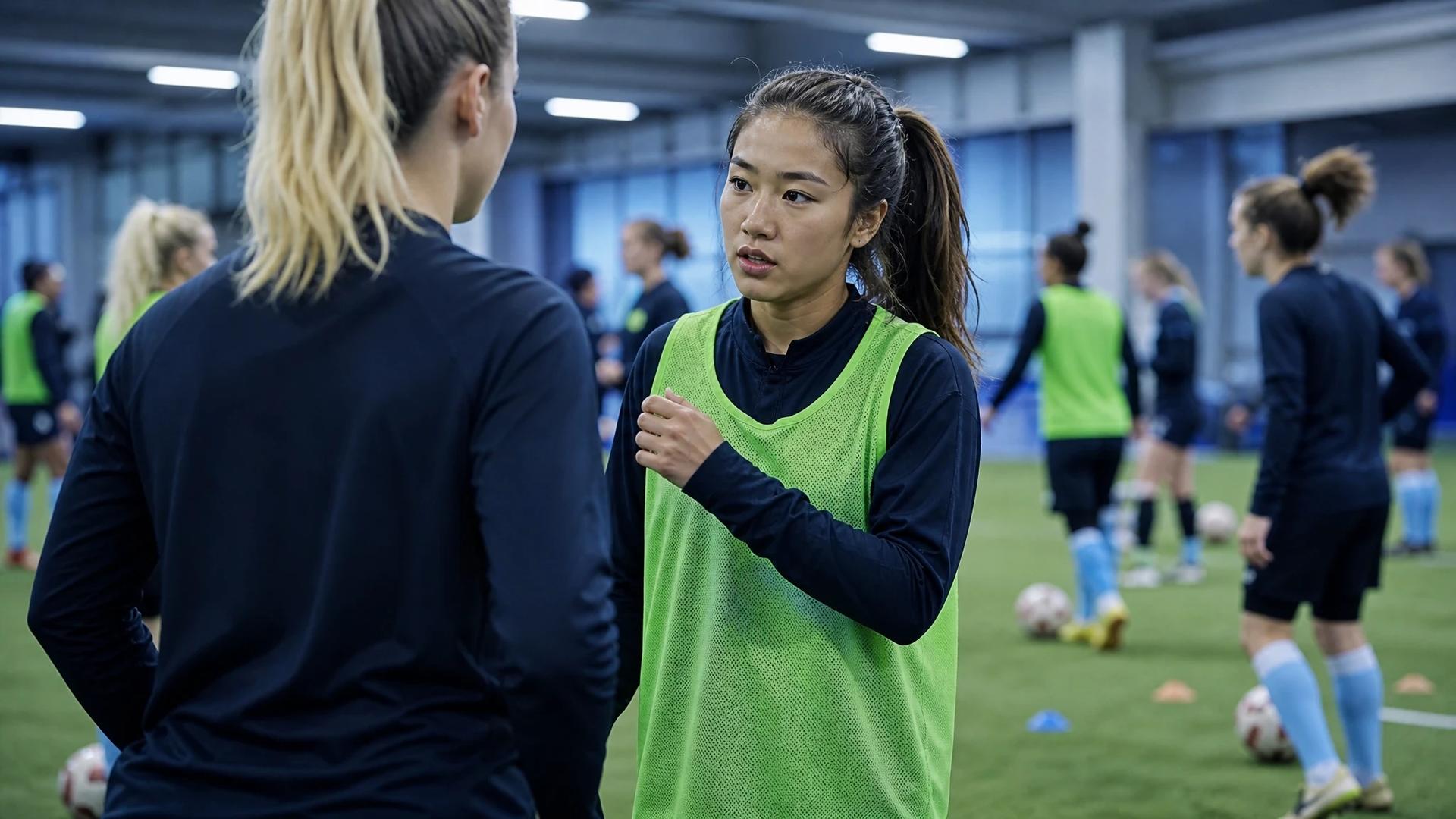 Japanese midfielder Aemu Oyama conversing with teammates in a busy training facility.