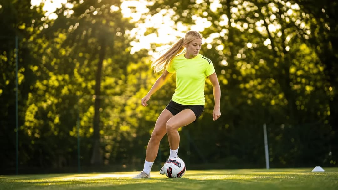 Young footballer Amelia Oldroyd training in a sunlit environment, showcasing her athleticism and determination.