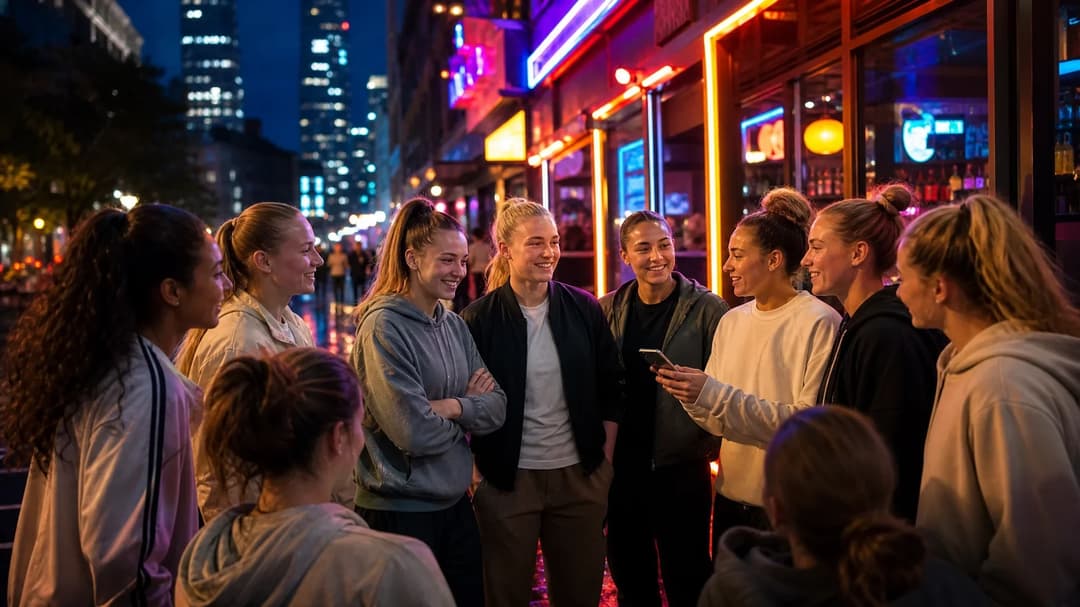 A group of diverse female football players chatting outside a sports bar illuminated by neon lights.