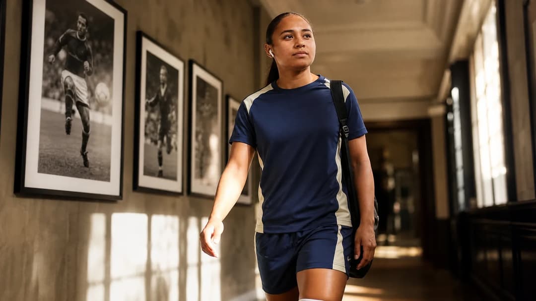 Alyssa Thompson walking through a sunlit corridor inside Stamford Bridge.