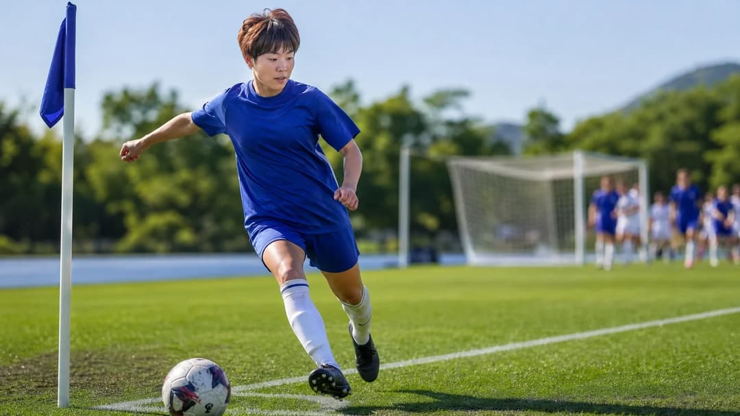A female footballer preparing to take a corner kick on a sunny pitch.
