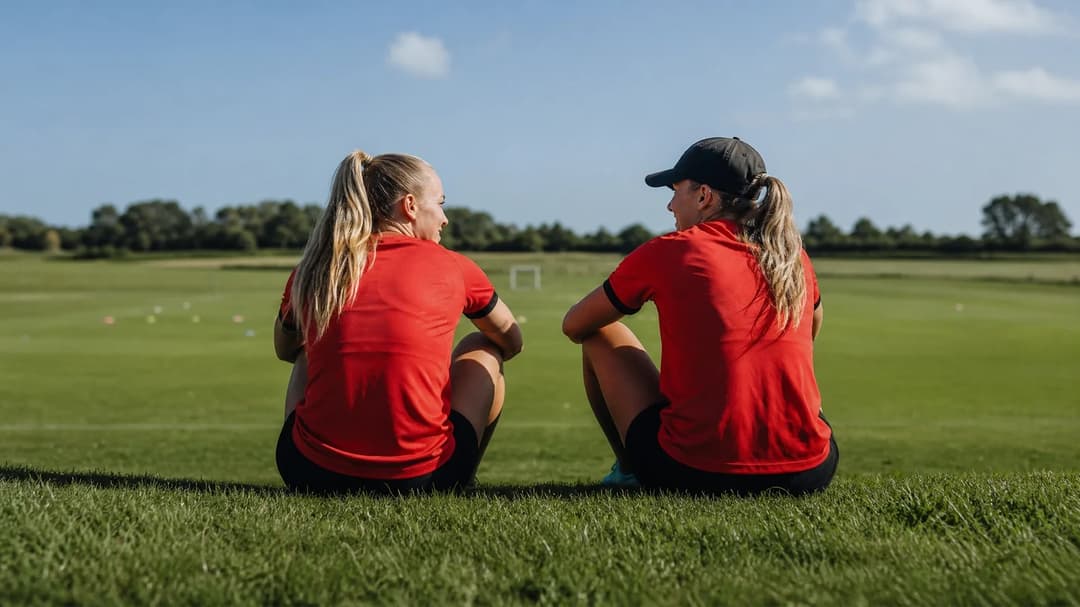 Two female football players sitting on a grassy knoll, engaged in conversation at a training ground.