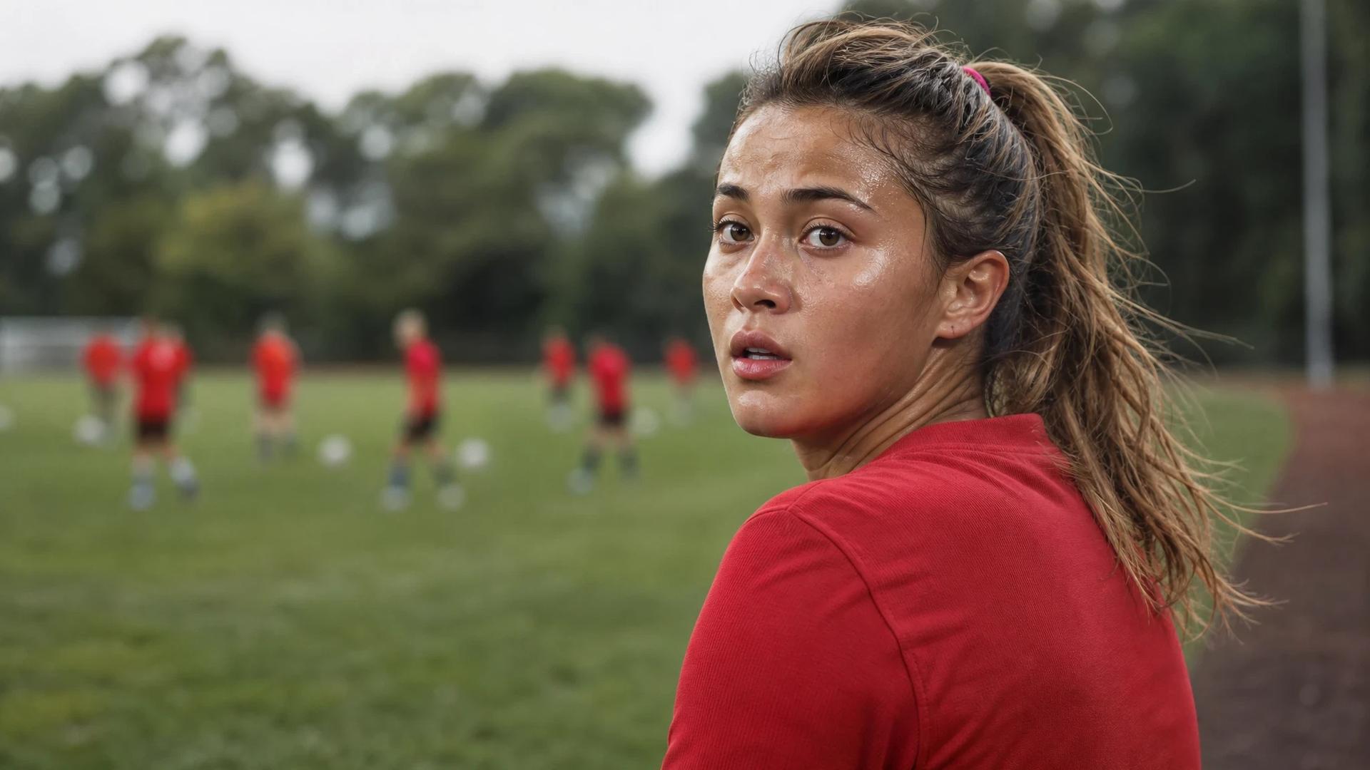 A young female footballer in a training session, deep in thought with her teammates in the background.