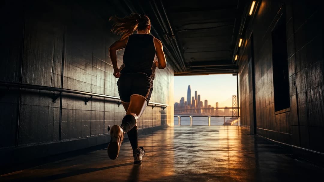 A female basketball player runs through a dimly lit tunnel towards the Chase Center, with city lights visible in the background.