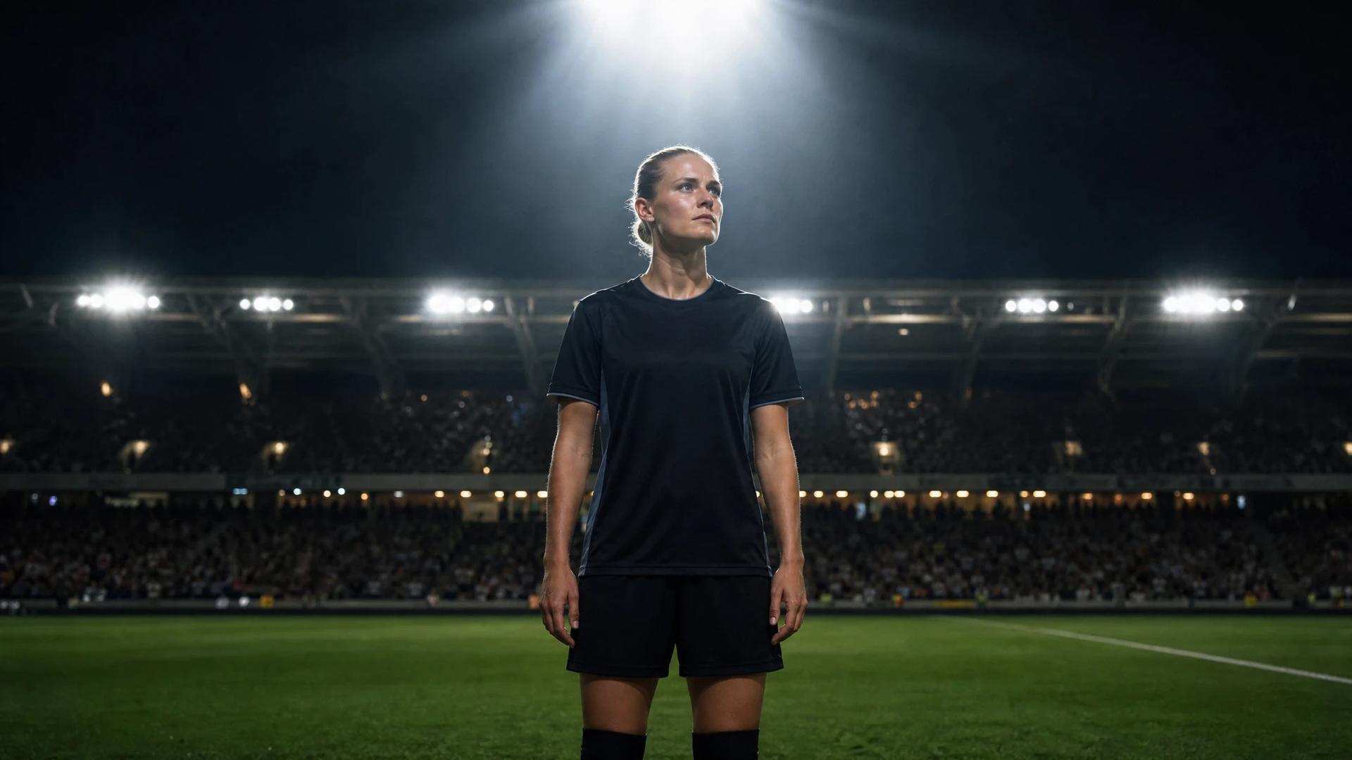 A poised female football player stands ready at the edge of a pitch under a spotlight.