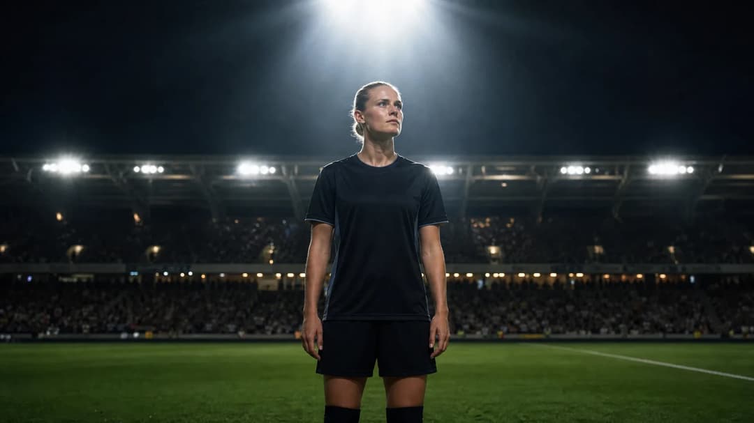 A poised female football player stands ready at the edge of a pitch under a spotlight.