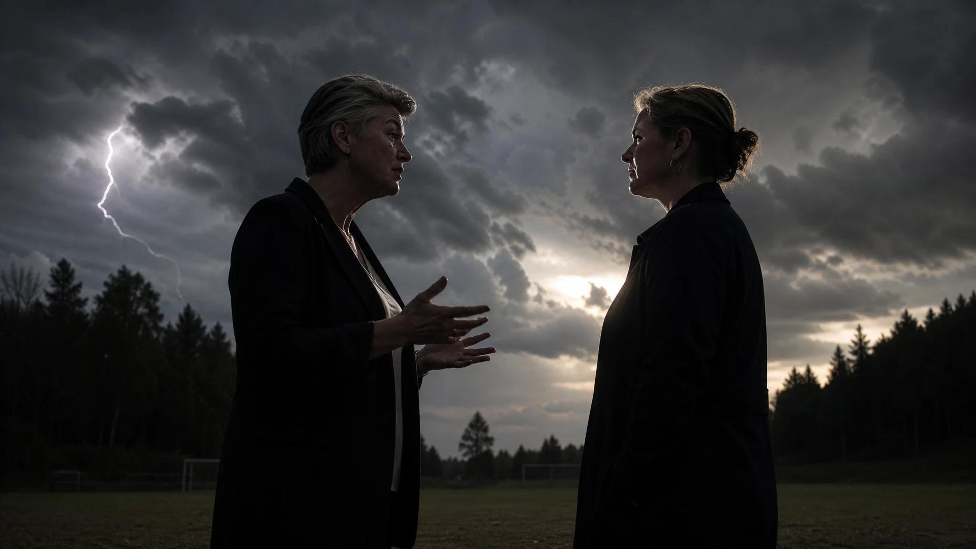 Two silhouetted figures interact against a stormy backdrop, illustrating a moment of urgency in women's football.