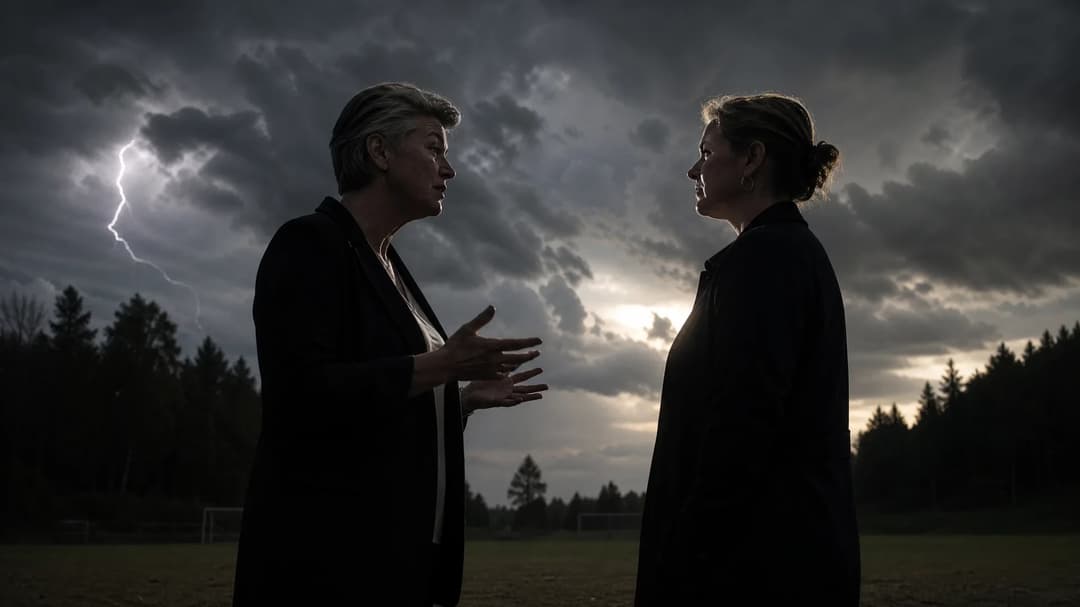 Two silhouetted figures interact against a stormy backdrop, illustrating a moment of urgency in women's football.