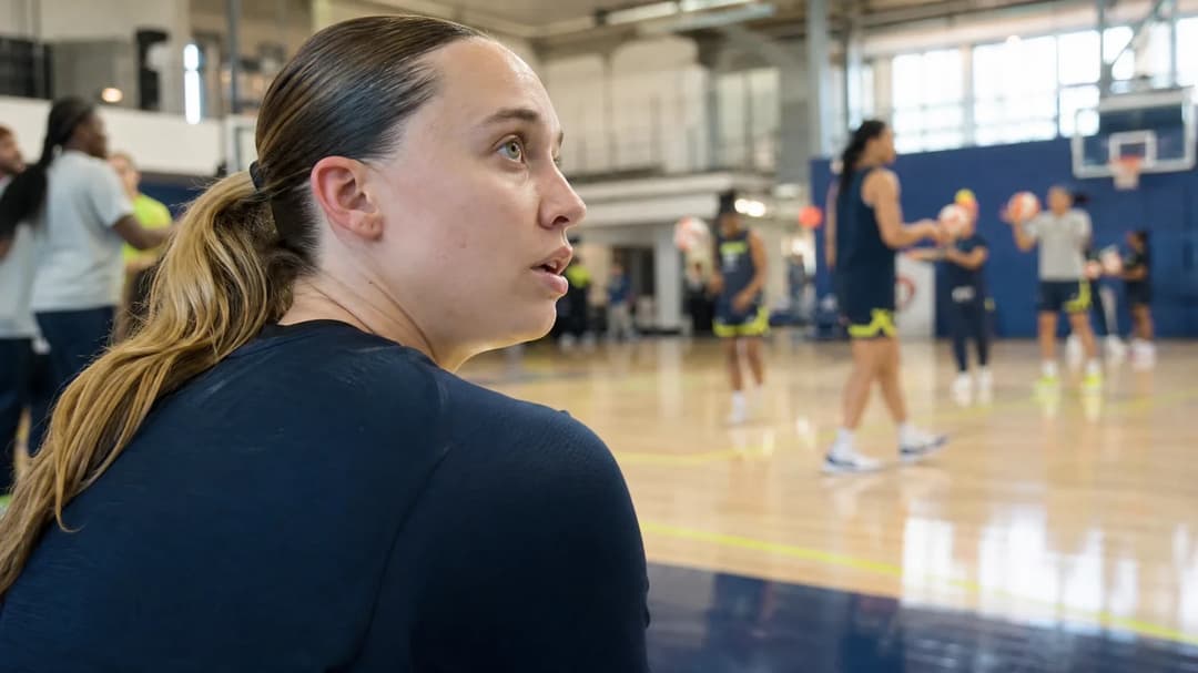 A female basketball player watching her team practice from the sidelines in a gym, reflecting on her injury.