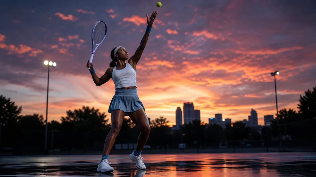 Coco Gauff practicing serves on a tennis court at dusk in Cincinnati.