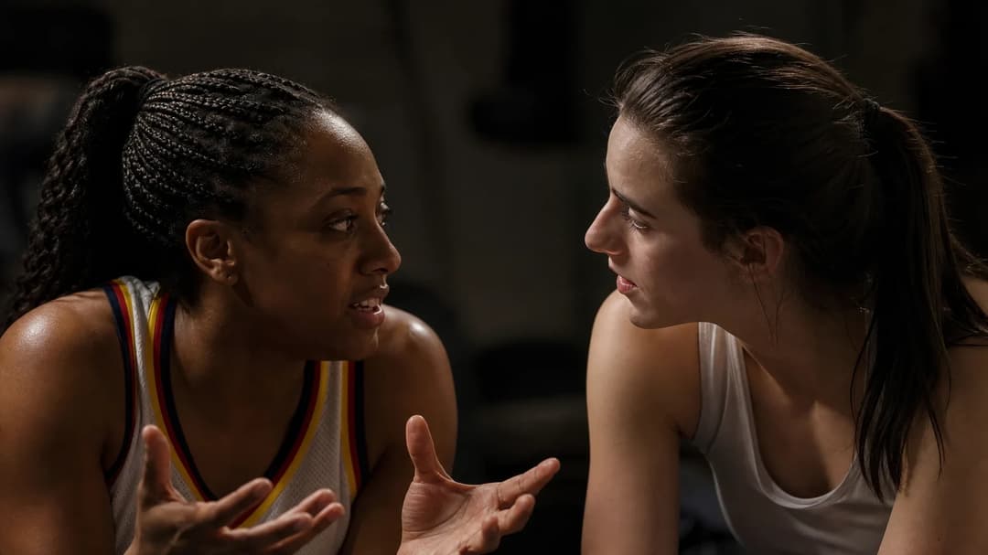 Kelsey Mitchell and Caitlin Clark share a candid moment in the players' lounge after a game.