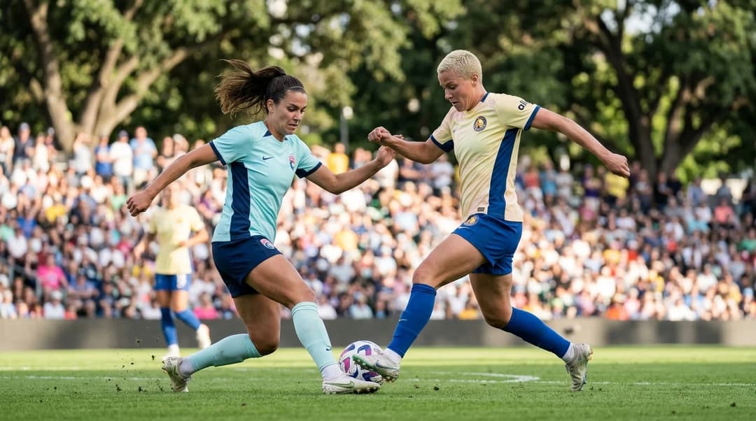 Two female football players in action during a match, one trying to intercept the ball from the other.