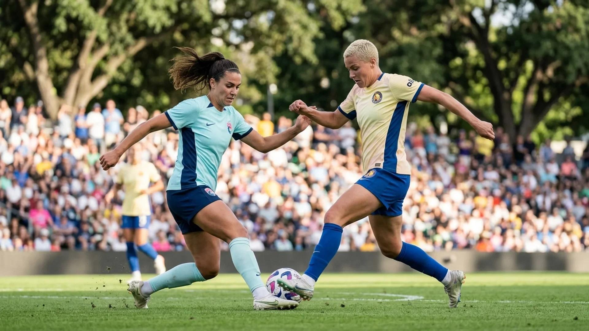 Two female football players in action during a match, one trying to intercept the ball from the other.