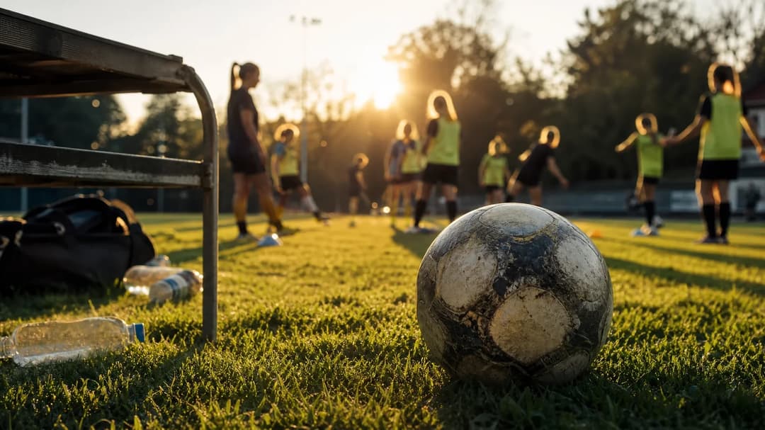 A close-up of a football on grass with blurred female football players training in the background.