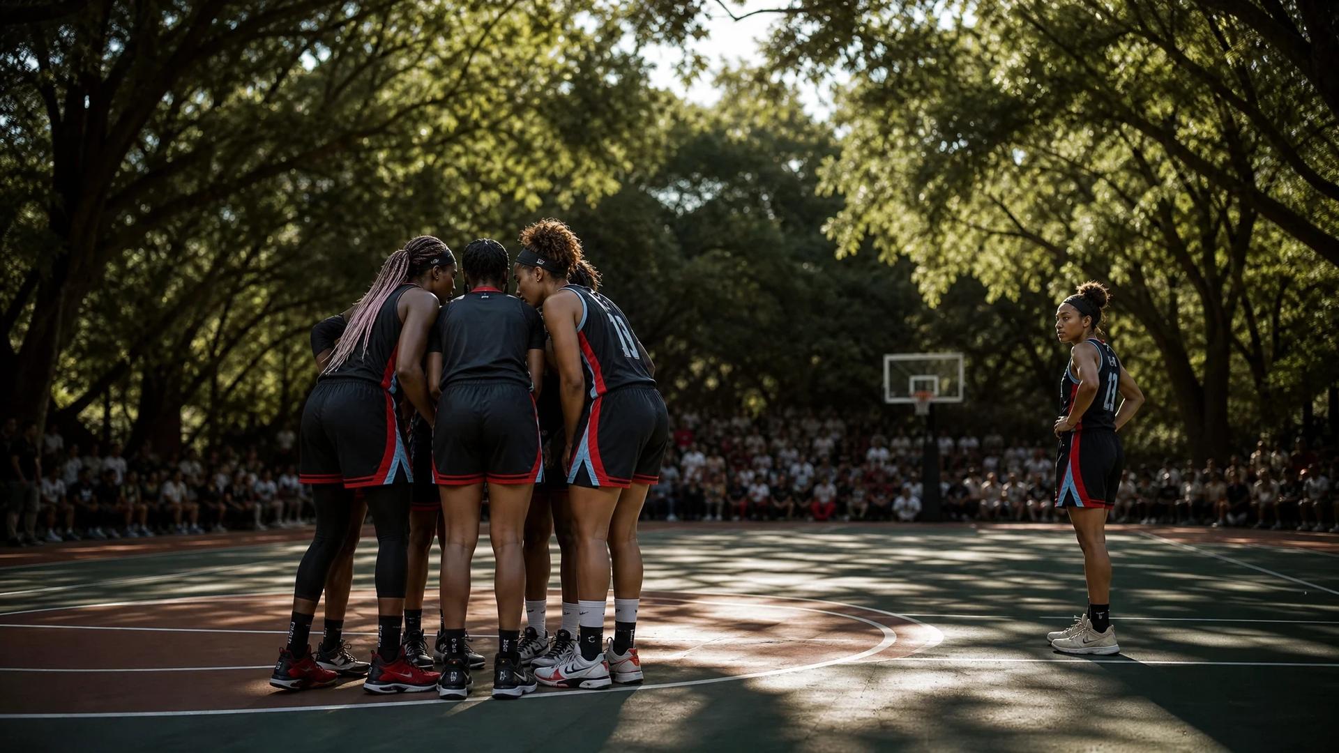 A wide shot of basketball players from the Atlanta Dream in an outdoor court, surrounded by trees and an anticipating crowd.