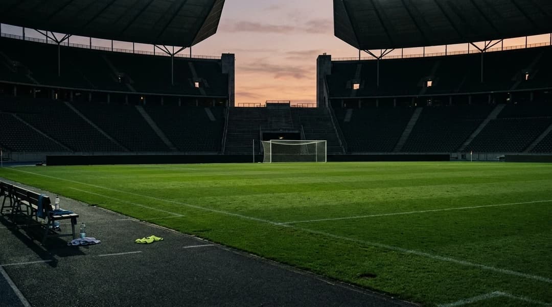 A wide view of an empty football stadium after a match.