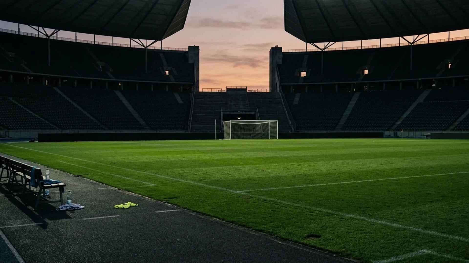 A wide view of an empty football stadium after a match.