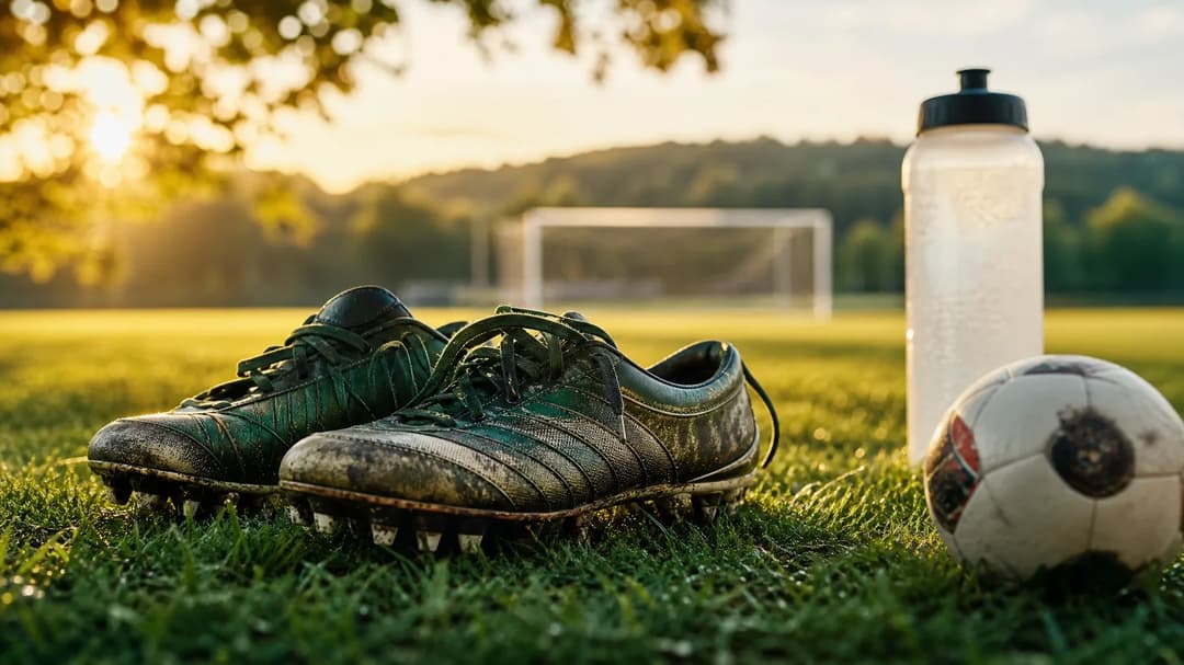 A close-up of a pair of football cleats on grass with a football and a water bottle nearby.