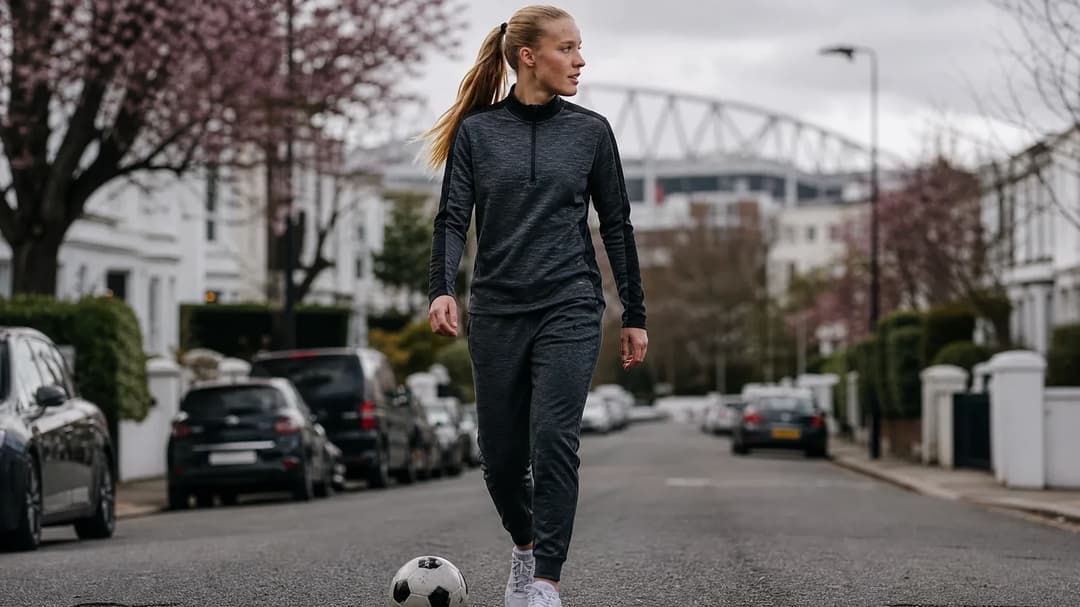 A young female football player walking in north London, with city landmarks in the background.