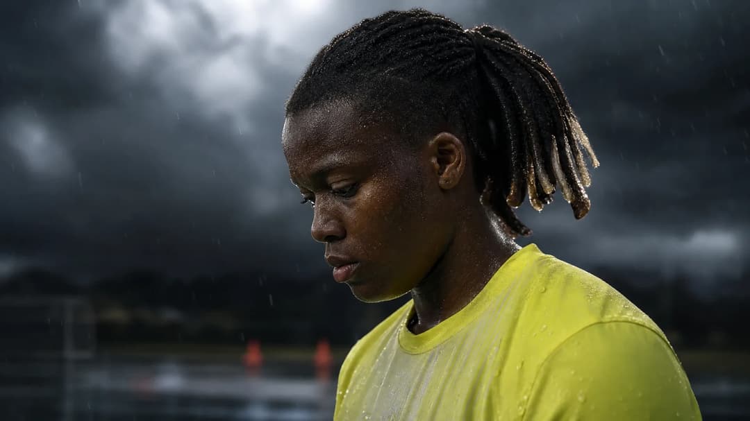 A close portrait of Chiamaka Nnadozie, a Nigerian goalkeeper, in a contemplative moment under stormy skies.