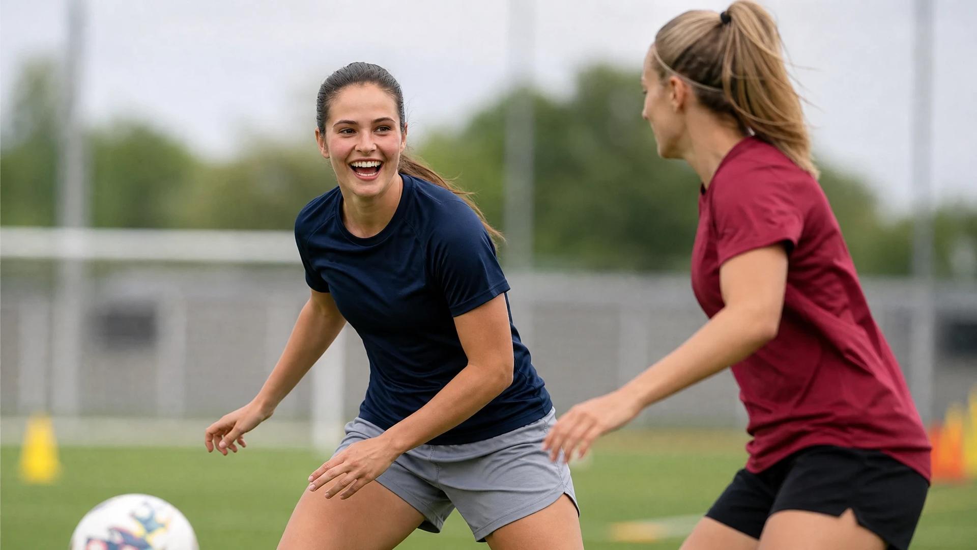 Freya Godfrey and Alexia Putellas interact during a football training session.