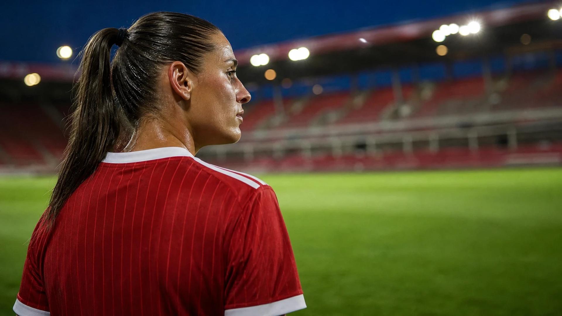 A football player stands pensively on the pitch after a match, looking out towards the empty stands.