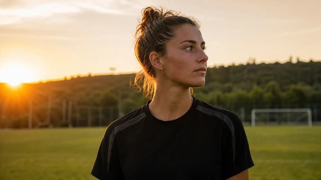 Federica D'Auria standing on a training pitch during golden hour.