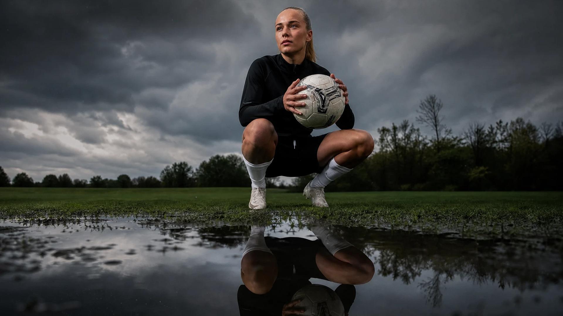 A female football player stands on a pitch, gazing into the distance with dark storm clouds overhead.