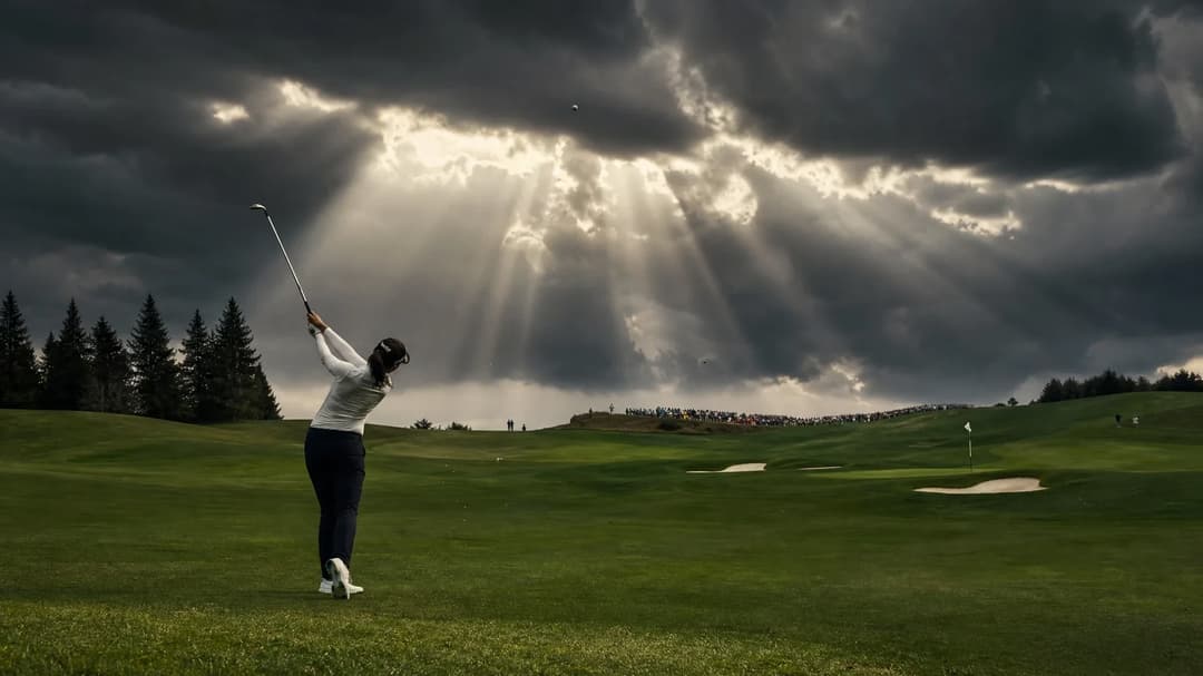 A female golfer swings her club on a green golf course under a dramatic sky.