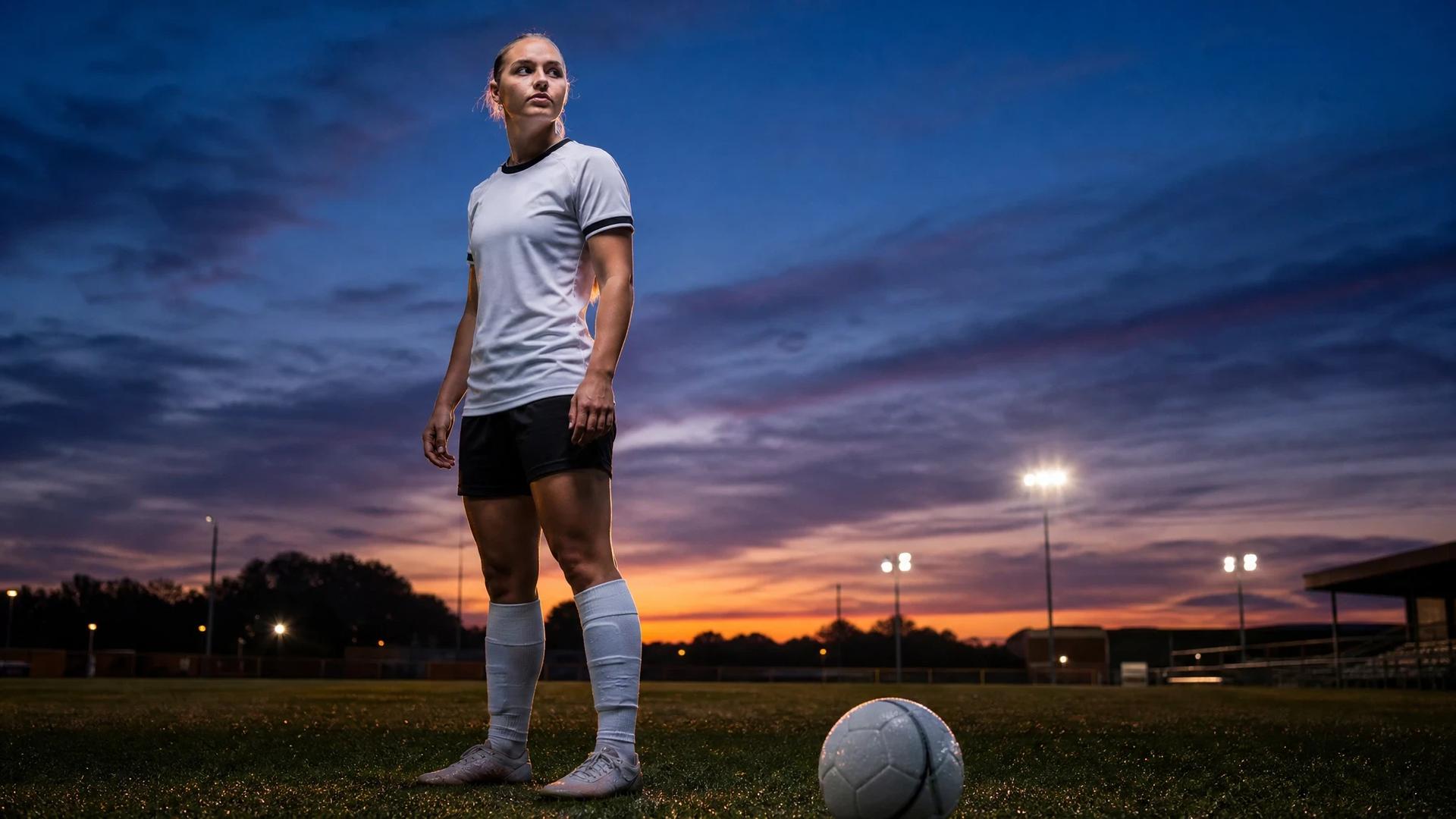 A young female football player standing on a pitch at dusk, looking towards the horizon with a football nearby.