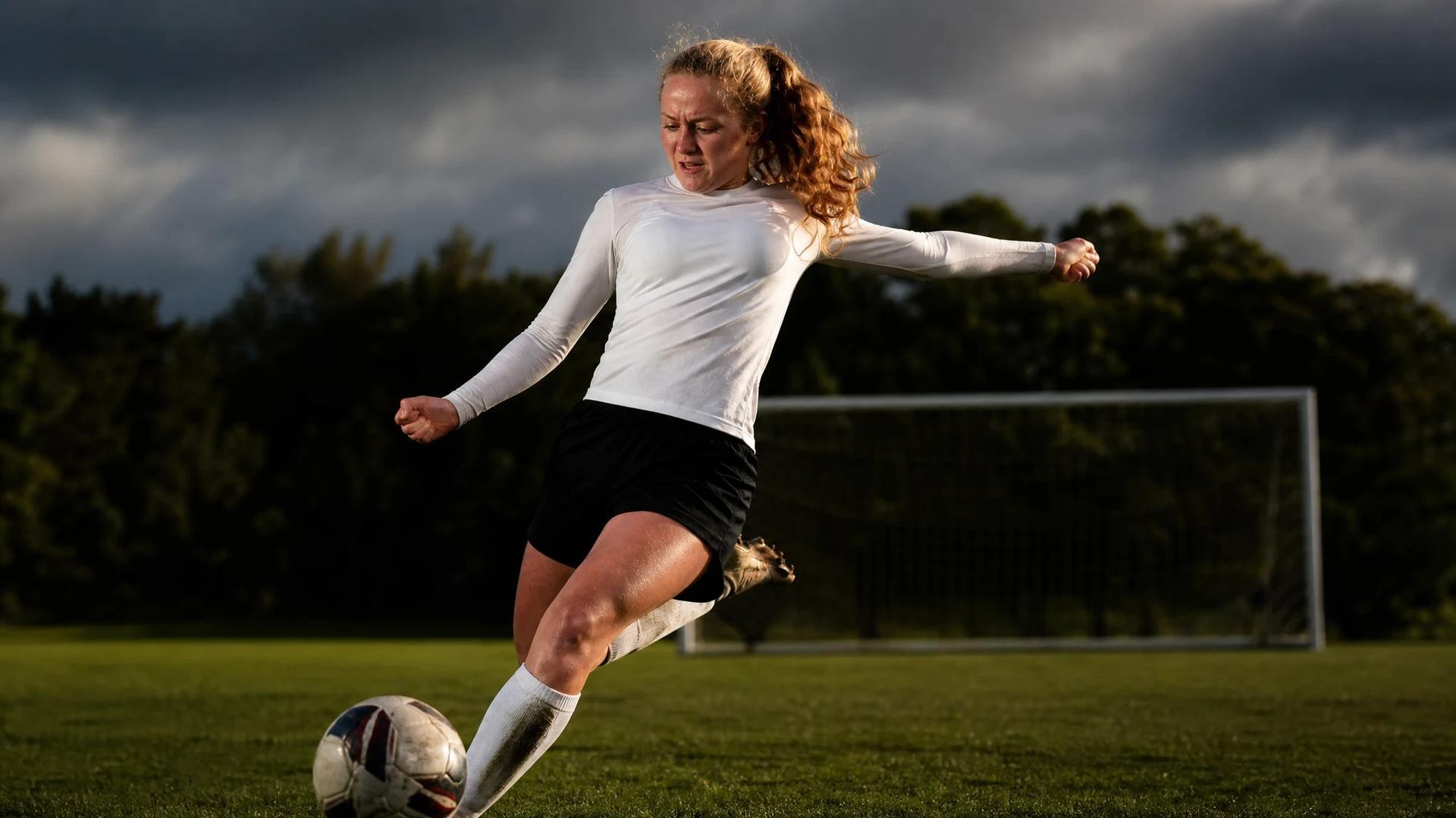 A female football player, Mary Bashford, is practicing on a pitch with determination.