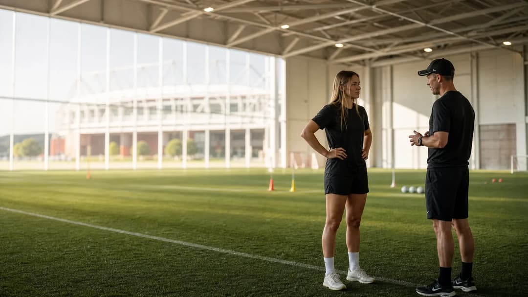 Grace McEwan talking with a Nottingham Forest coach in a training facility.