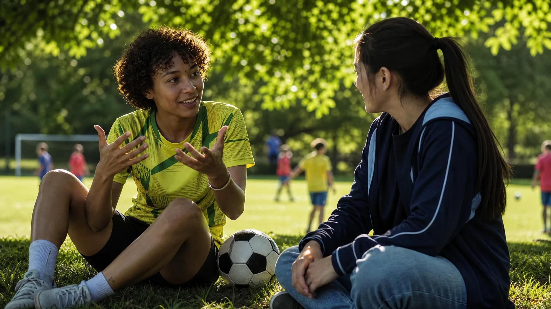 Two women discussing football in a sunny park, with a football on the grass between them.