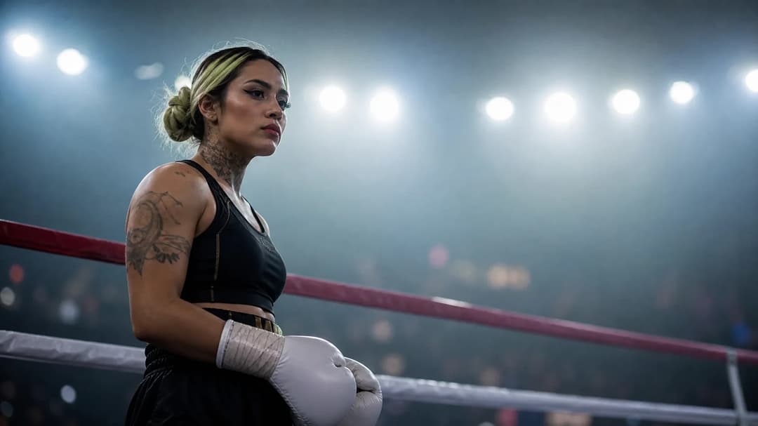 A boxer stands in the ring, silhouetted against bright lights, displaying focused anticipation before the match.