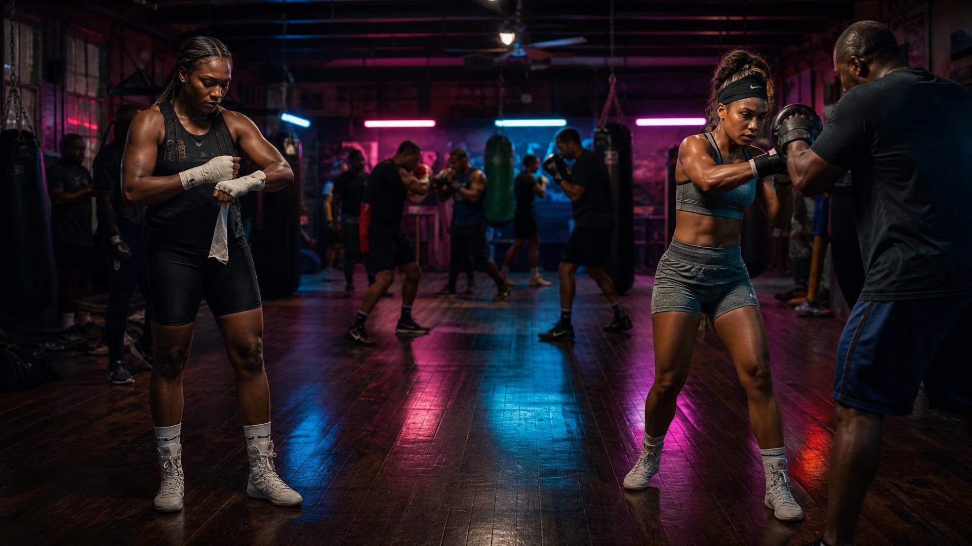 Female boxers Claressa Shields and Kaye Scott preparing for their match in a gym, surrounded by neon lights.
