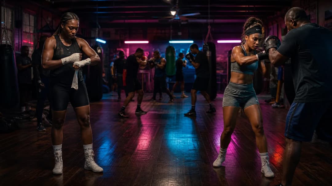 Female boxers Claressa Shields and Kaye Scott preparing for their match in a gym, surrounded by neon lights.