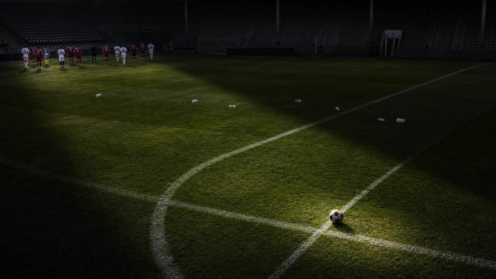 Bird's-eye view of an empty football pitch with a lone ball.