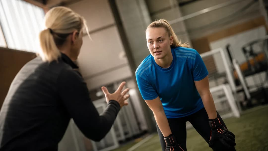 Katie Cox interacting with a teammate in a sports training facility.