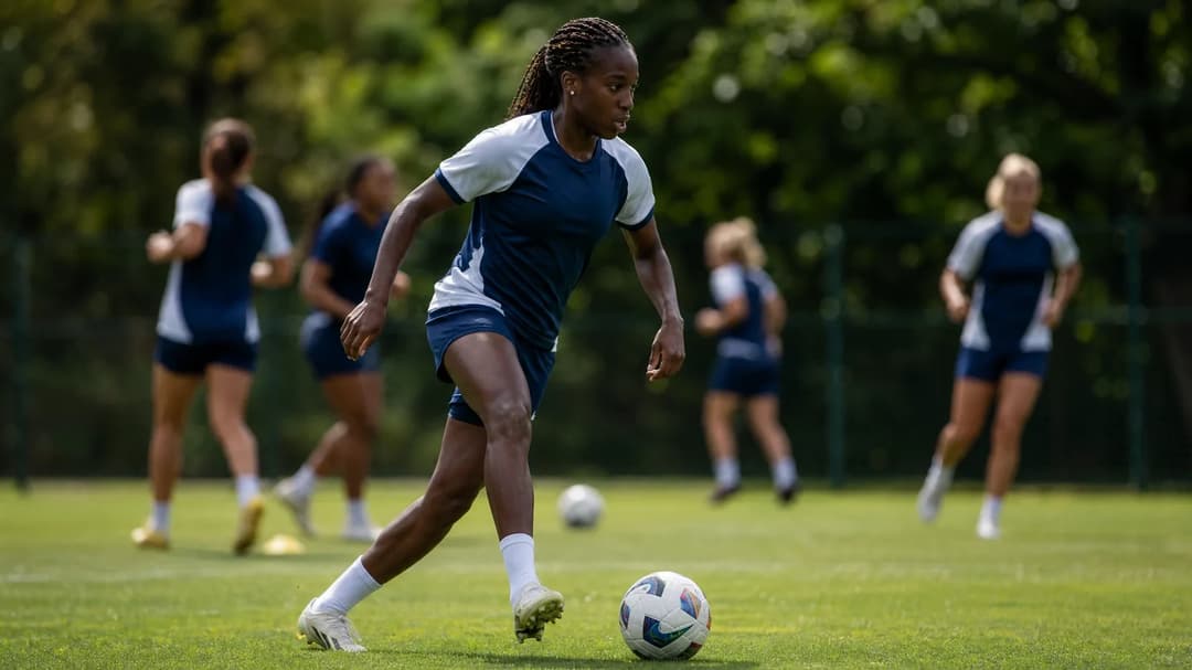 Viviane Asseyi dribbling a football on a training pitch.