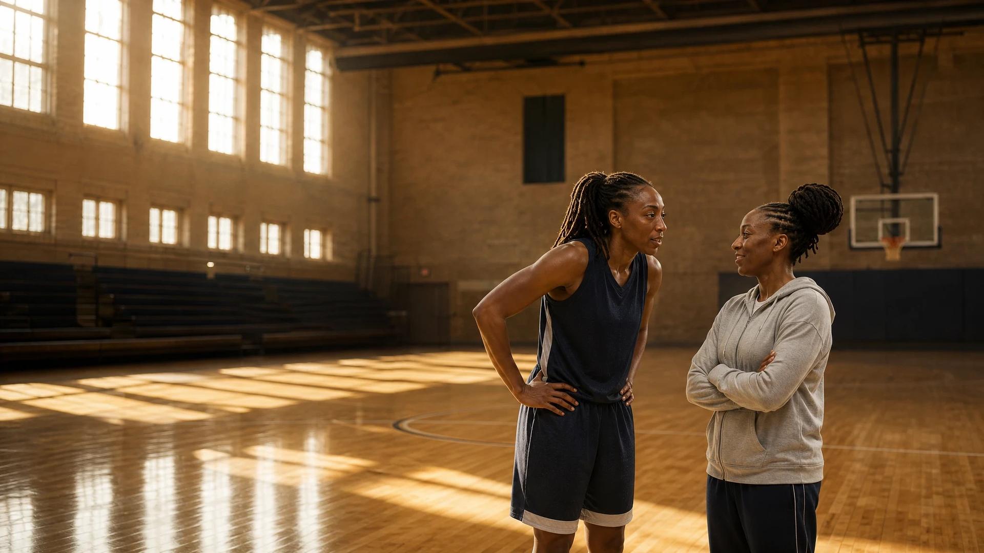 Nneka Ogwumike and Terri Carmichael Jackson engage in conversation in a spacious gym.