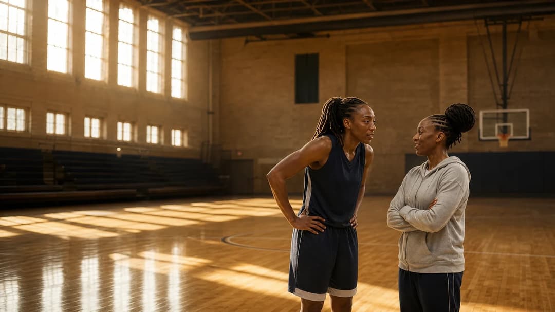 Nneka Ogwumike and Terri Carmichael Jackson engage in conversation in a spacious gym.
