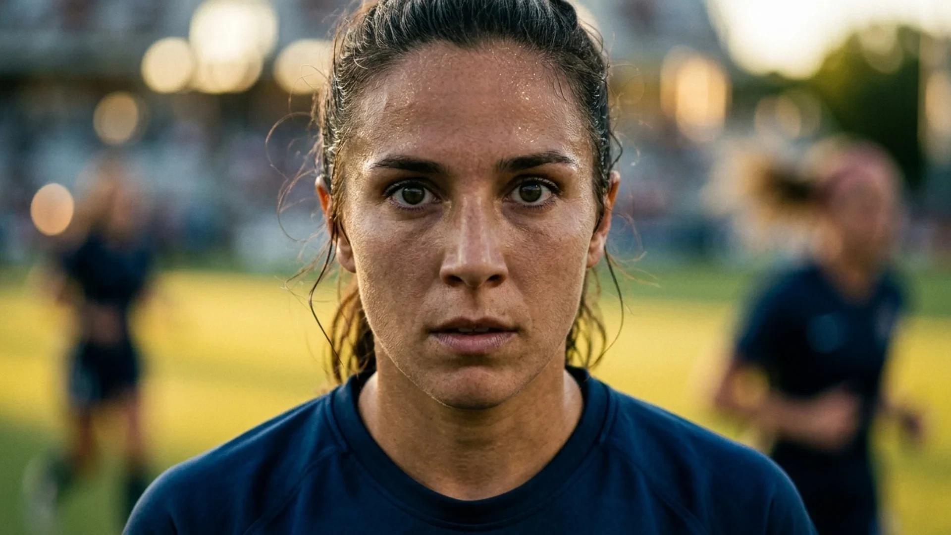 Extreme close-up of a determined female football player from North Carolina Courage, with a blurred stadium background.