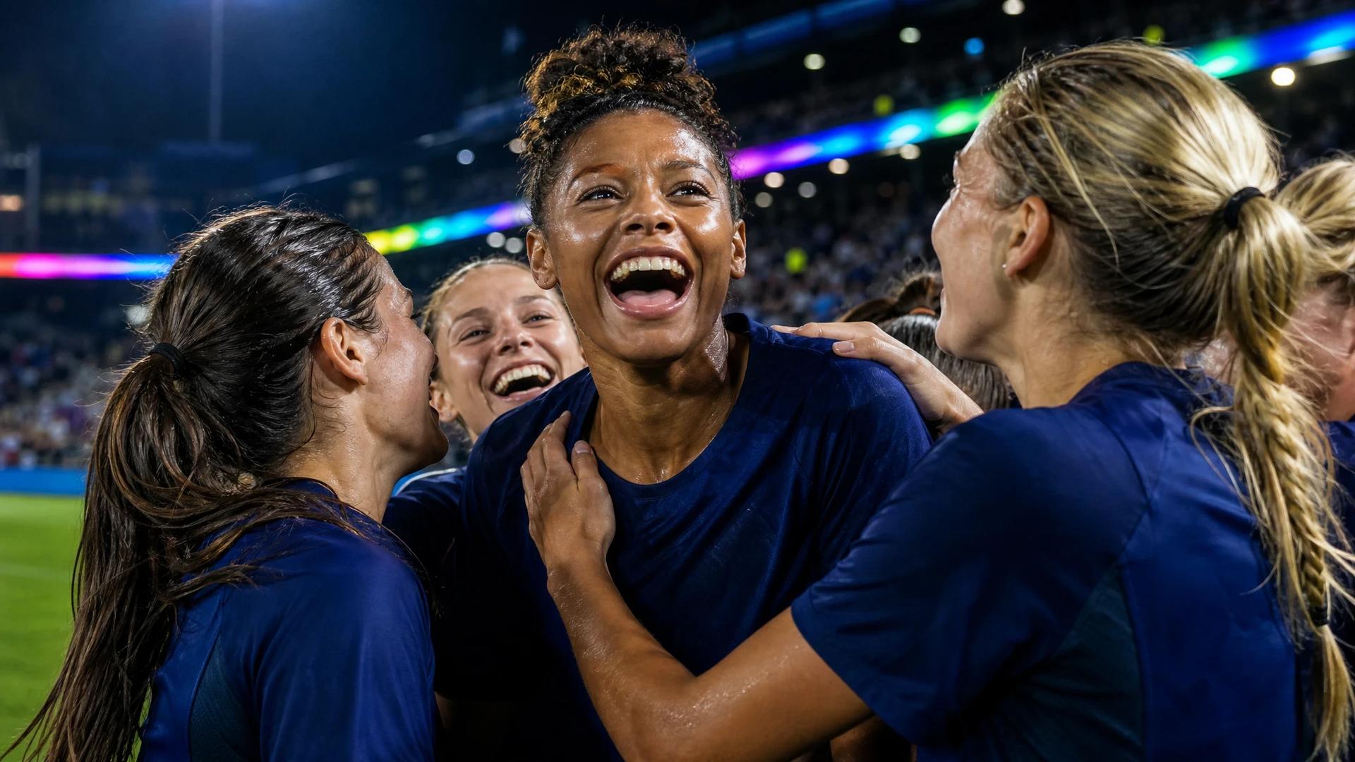 Caiya Hanks celebrating a goal with teammates in an urban stadium illuminated by neon lights.