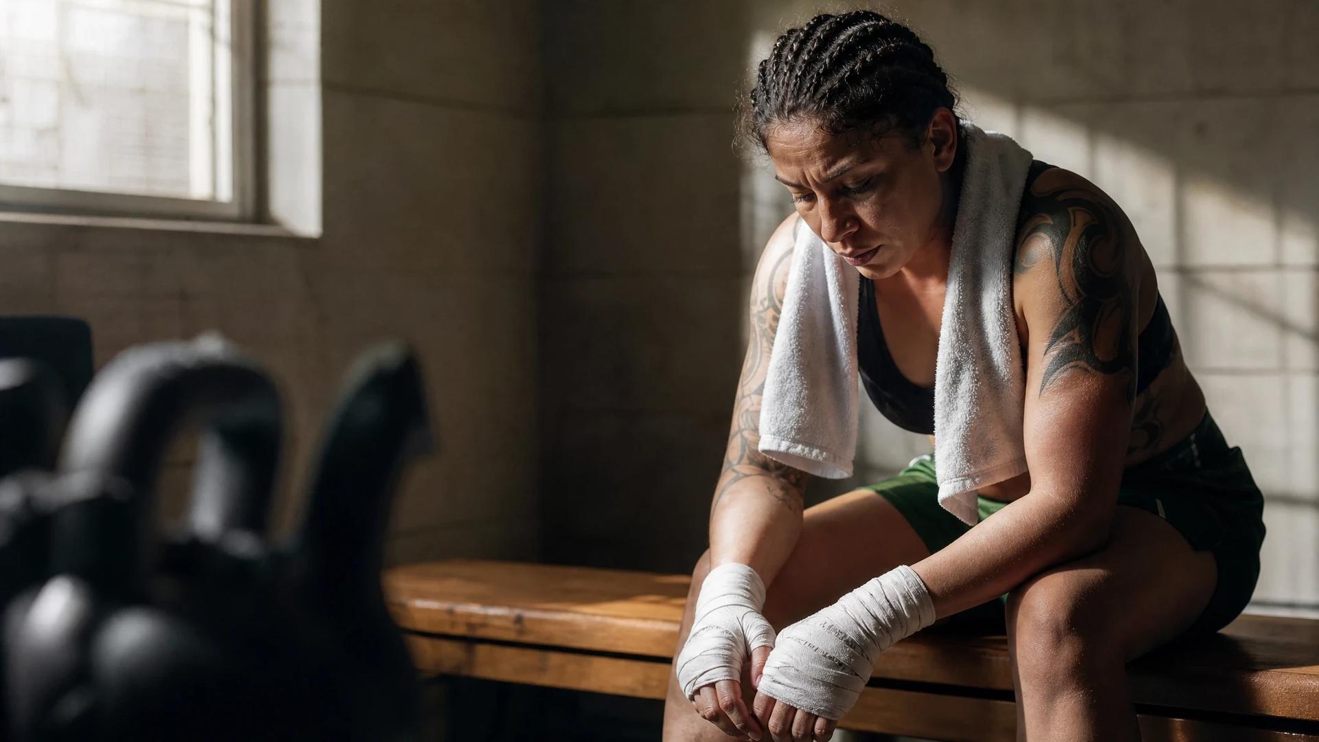 Mayra Bueno Silva sitting on a bench in a gym, reflecting after her fight.