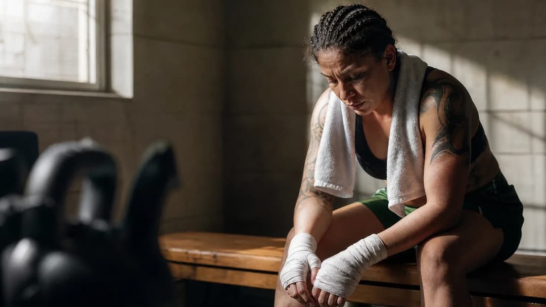 Mayra Bueno Silva sitting on a bench in a gym, reflecting after her fight.