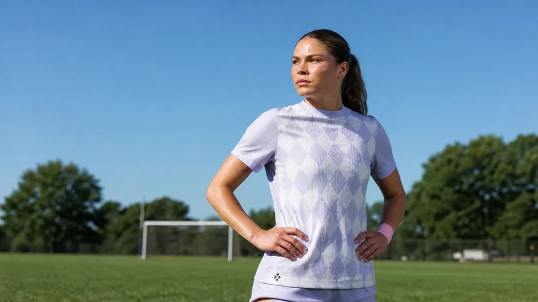 Emma Sears standing confidently on a football pitch after scoring two goals, against a blue sky.